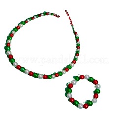 Christmas Alloy with Round Plastic Pearl Beaded Pendant Necklaces & Dangle Earrings & Charm Bracelets Sets&nbsp;WG23D9C-01