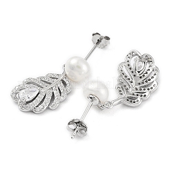 Anti-Tarnish Cubic Zirconia Feather with Natural Pearl Dangle Stud Earrings&nbsp;EJEW-F318-14P