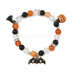 Halloween Alloy Enamel Witch Hat Bat Pumpkin Charm Natural Black Onyx(Dyed & Heated) & Carnelian & Quartz Crystal Round Stretch Bracelets&nbsp;BJEW-TA00757