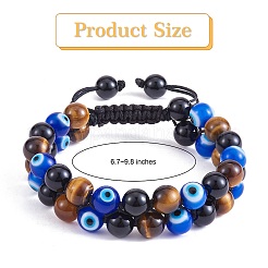 Natural Obsidian & Tiger Eye & Evil Eye Lampwork Braided Bead Bracelet&nbsp;BJEW-SW00001-20