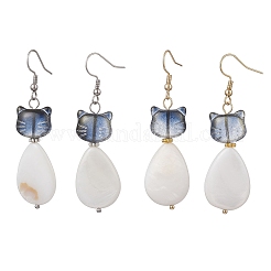 Natural Freshwater Shell & Glass Cat Shape with Teardrop Dangle Earrings&nbsp;EJEW-JE06833