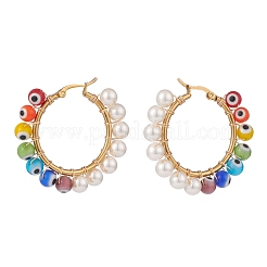 Shell Pearl & Evil Eye Lampwork Beaded Hoop Earrings&nbsp;EJEW-TA00115
