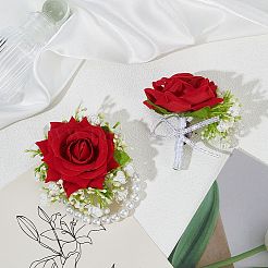 Silk Cloth Artificial Flowers & Plastic Imitation Pearl Wrist Corsage & Boutonniere Sets&nbsp;AJEW-DJ0005-64B