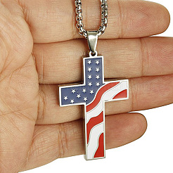 Independence Day Alloy Enamel American Flag Cross Pendant Necklaces for Men&nbsp;FS-WG51290-02