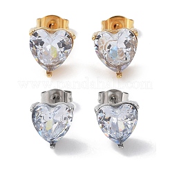 6 Pair 2 Color Heart Cubic Zirconia Stud Earrings&nbsp;EJEW-A024-15A