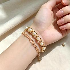 Vintage White Round Imitation Pearl Iron Chain 2-Strand Bracelets for Women&nbsp;HP8707