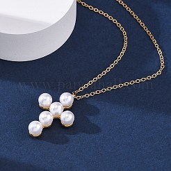 304 Stainless Steel & Plastic Imitation Pearl Cross Pendant Necklaces for Women&nbsp;NJEW-U032-15G