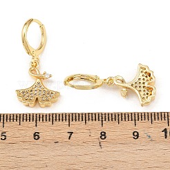 Leaf Brass Micro Pave Clear Cubic Zirconia Hoop Earrings&nbsp;EJEW-B154-01G