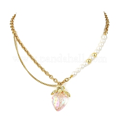 Acrylic Strawberry Pendant 304 Stainless Steel Mixed Chain Necklaces with Shell Pearl Beads&nbsp;NJEW-JN06114-01