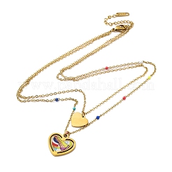 304 Stainless Steel & Plastic Colorful Heart Pendant Double Layer Necklaces for Women&nbsp;NJEW-U032-11G