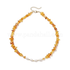 Natural Pearl Rice and Natural Amber Chip Beaded Necklaces&nbsp;NJEW-JN05883