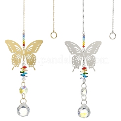 2Pcs 2 Colors 201 Stainless Steel Butterfly Shape & Rainbow Crystal Glass Hanging Suncatcher&nbsp;HJEW-TA00445