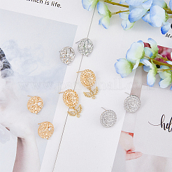 8Pcs 4 Style Flat Round with Flower Brass Micro Pave Clear Cubic Zirconia Stud Earrings Findings&nbsp;KK-DC0002-90