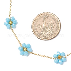 2Pcs 2 Colors Brass & Faceted Round Glass Beaded Flower Link Chain Necklaces&nbsp;NJEW-JN05296