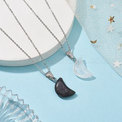 2Pcs 2 Style Crescent Moon Natural Larvikite & Quartz Crystal Pendant Necklaces&nbsp;NJEW-JN04642