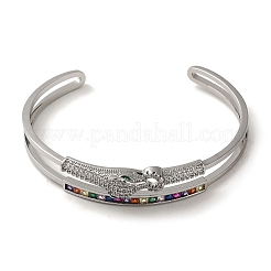 Brass Pave Colorful Cubic Zirconia Leopard Open Cuff Bangle for Women&nbsp;BJEW-K246-22C-P