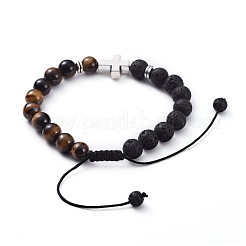 Natural Lava Rock & Tiger Eye Beads Adjustable Braided Bracelets&nbsp;BJEW-JB04987-02
