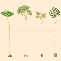 4Pcs 4 Styles Brass Leaf Pendant Bookmarks with Chain&nbsp;AJEW-CP0006-79