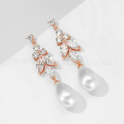 Teardrop with Leaf Brass Clear Cubic Zirconia Dangle Stud Earrings&nbsp;FS-WG5BC5A-02