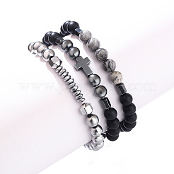 3Pcs Synthetic Non-magnetic Hematite & Natural Picture Jasper & Map Stone Beaded Stretch Bracelets Set for Men&nbsp;WG2E47F-01