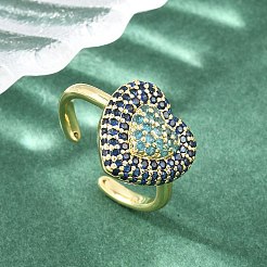 Heart Brass Micro Pave Cubic Zirconia Cuff Open Rings for Women&nbsp;CU-CBA0A21-01G