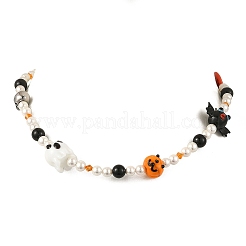 Halloween Handmade Lampwork Bat Ghost Pumpkin and Round Shell Pearl Beaded Necklaces for Women&nbsp;NJEW-TA00277
