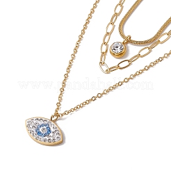Rhinestone Evil Eye Pendant Triple Layer Necklace&nbsp;NJEW-P269-17G