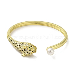 Brass Pave Clear & Green Cubic Zirconia Leopard Open Cuff Bangle for Women&nbsp;BJEW-K246-18G