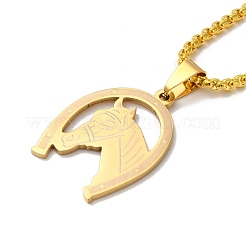 Horseshoe with Horse Head 201 Stainless Steel Pendant Necklace with Iron Box Chains&nbsp;NJEW-D048-01G