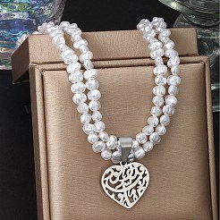 Heart 304 Stainless Steel with Plastic Imitation Pearl Oval Beaded Pendant Necklaces & Stud  Earrings Sets for Women&nbsp;FS-WGFF69E-02
