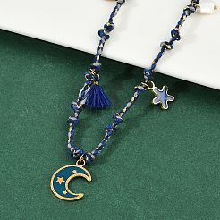 304 Stainless Steel Blue Enamel Moon Pendant Cotton Cord Adjustable Necklaces&nbsp;NJEW-C093-04G