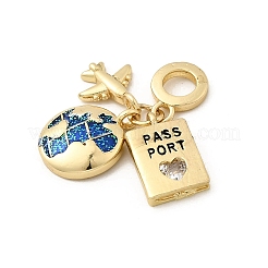 Brass Enamel Airplane & Earth & Passport European Dangle Charms&nbsp;KK-M309-18G-02