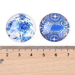 Blue and White Floral Printed Glass Cabochons&nbsp;GGLA-A002-25mm-XX