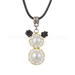 Glass Seed Beads & Glass Pearl Round Beaded Bear Pendant Waxed Cotton Cord Necklaces for Women Men&nbsp;NJEW-MZ00126-05