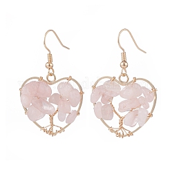 Natural Gemstone Chips Braided Heart with Tree of Life Dangle Earrings&nbsp;EJEW-JE04882
