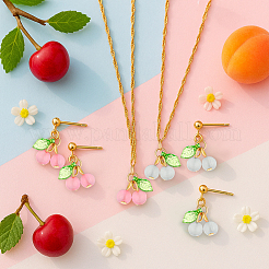 2 Colors Cherry Iron & Acrylic Pendant Necklaces & Stud Earrings Jewelry Set for Women&nbsp;SJEW-HY0001-21