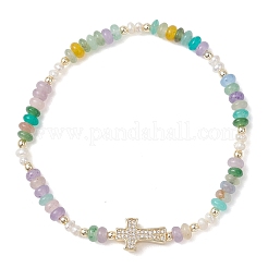 Brass Micro Pave Clear Cubic Zirconia Cross & Natural Pearl & White Jade Rondelle Beads Stretch Bracelets for Women&nbsp;BJEW-JB13114