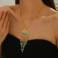 Bohemian Brass Pave Synthetic Turquoise Oval with Chain Tassel Pendant Necklaces for Women&nbsp;MZ5420