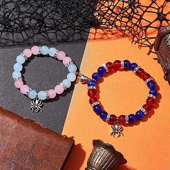2Pcs 10mm Round Opalite & Pink Glass & Red Glass & Blue Cat Eye Beaded Stretch Bracelet Sets for Lover&nbsp;BJEW-JB10325-02