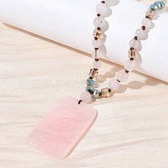 Natural Rose Quartz Rectangle Pendant Glass Beaded Long Necklaces&nbsp;GG-CBAE048-02B