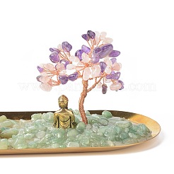 Natural Amethyst Money & Rose Quartz Tree Buddha Sculpture Set Incense Burner & Natural Green Aventurine on Trays for Wealth&nbsp;DJEW-G027-19RG-08