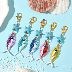 Fish Glass Seed & Synthetic Turquoise Starfish Pendant Decorations&nbsp;HJEW-MZ00355