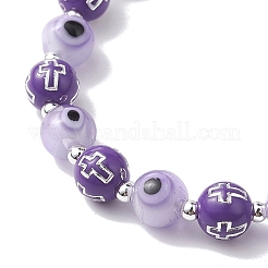 Round with Cross Acrylic & Handmade Evil Eye Lampwork Beaded Stretch Bracelets for Women&nbsp;BJEW-JB10186