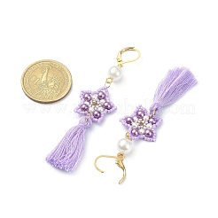 Glass Pearl Beaded Star with Tassel Dangle Leverback Earrings&nbsp;EJEW-MZ00054