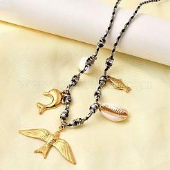 Summer Beach 304 Stainless Steel & Electroplated Natural Shell Pendant Adjustable Polyester Cord Necklaces for Women&nbsp;NJEW-F348-01A-G