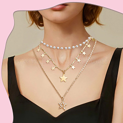 2Pcs 2 Styles Star Alloy Pendant 3 Layered Necklaces for Women&nbsp;NJEW-SC0001-55