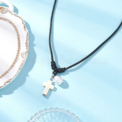 2Pcs 2 Colors Adjustable Dyed Synthetic Turquoise with Round Plastic Imitation Pearl Cross Pendant Black Waxed Polyester Cord Necklaces for Women&nbsp;NJEW-JN05384