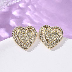 Brass Micro Pave Cubic Zirconia Heart Stud Earrings&nbsp;EJEW-H166-01G-01
