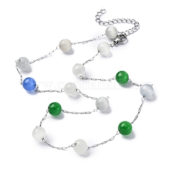 304 Stainless Steel Cat Eye Round Beads Handmade Chain Necklaces for Women&nbsp;NJEW-C073-01P-07