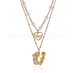 Mother's Day Brass Micro Pave Clear Cubic Zirconia Baby Mother Heart Pendant Double Layer Necklaces with Imitaiton Pearl&nbsp;WGEDE7C-01